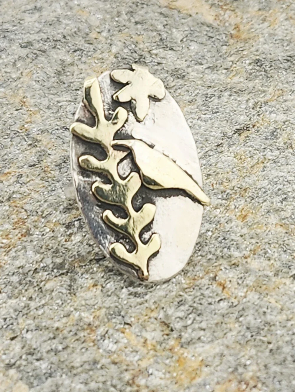 BOTANICAL ORGANIC STERLING SILVER & BRASS FLORAL RING HANDMADE SIZE 7